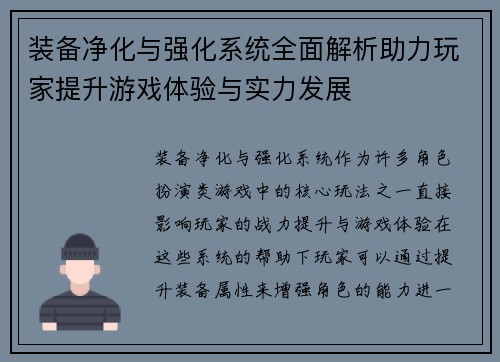 装备净化与强化系统全面解析助力玩家提升游戏体验与实力发展